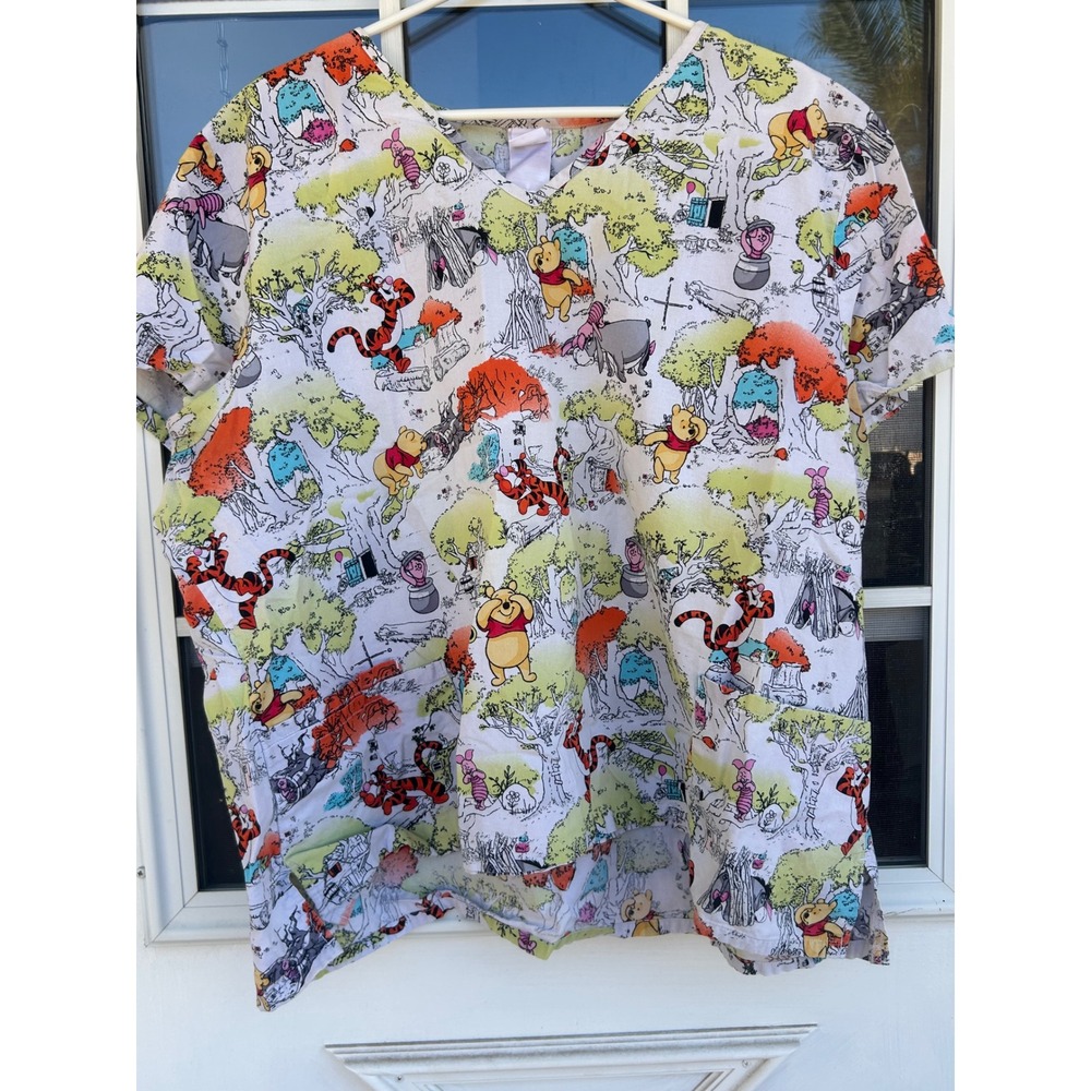 Disney Winnie the Pooh Hundred Acre Wood Scrub Top V-Neck Multicolor Large - Picture 3 of 7